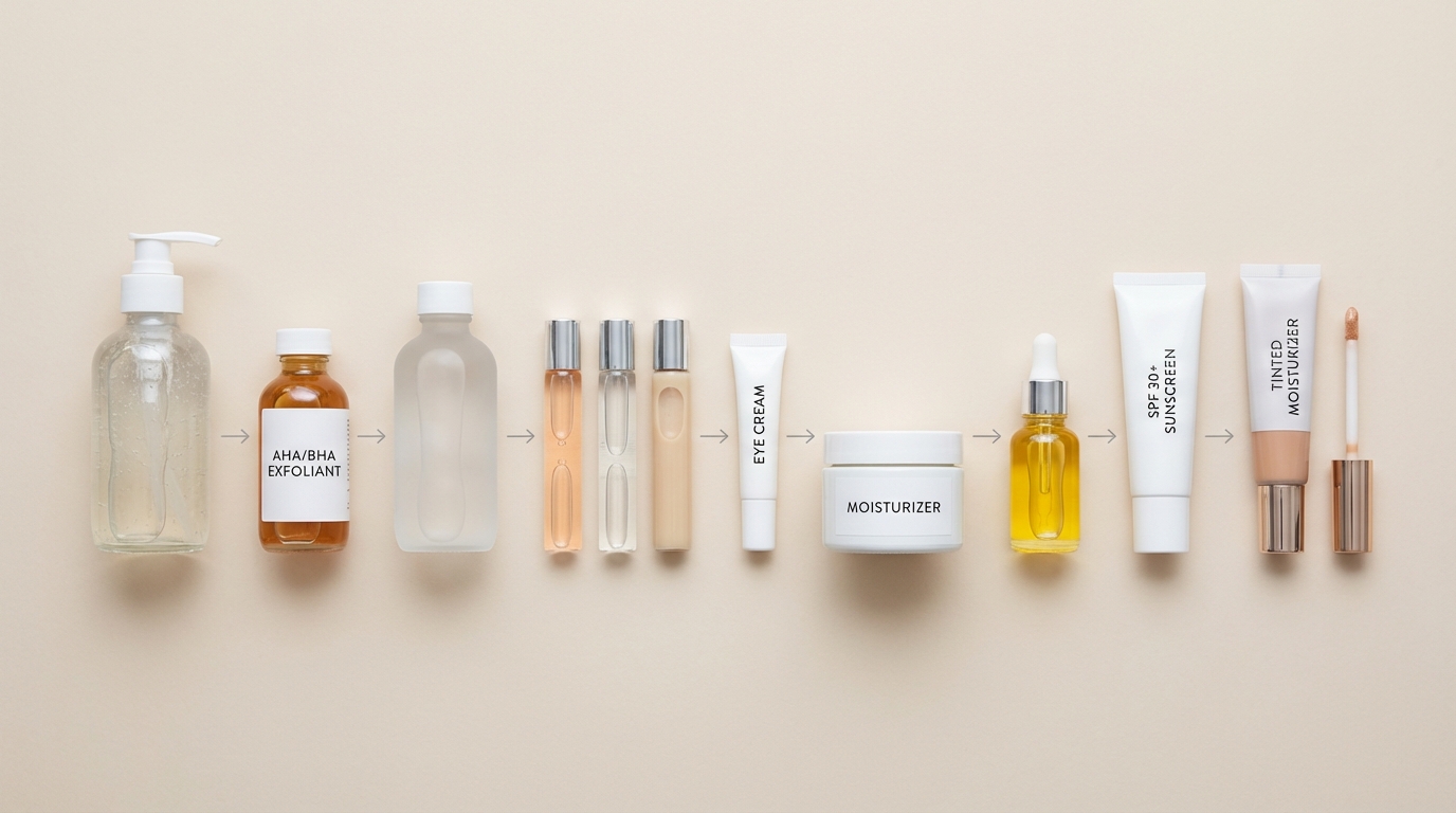 Flatlay of skincare and makeup products arranged in the correct morning routine order from cleanser to sunscreen and makeup.