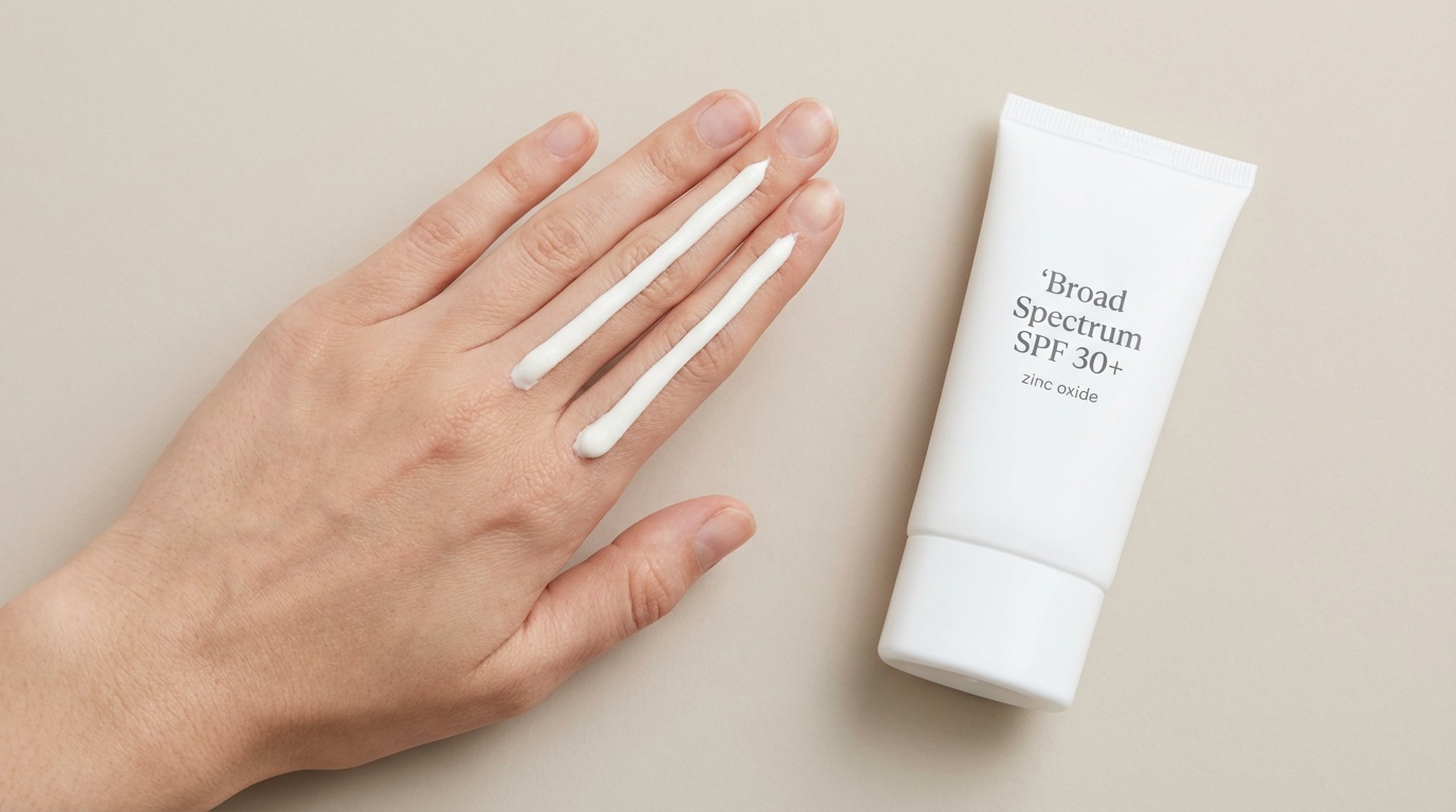 Two finger lengths of sunscreen on a hand next to an SPF 30+ tube, illustrating how much sunscreen to use for face and neck.