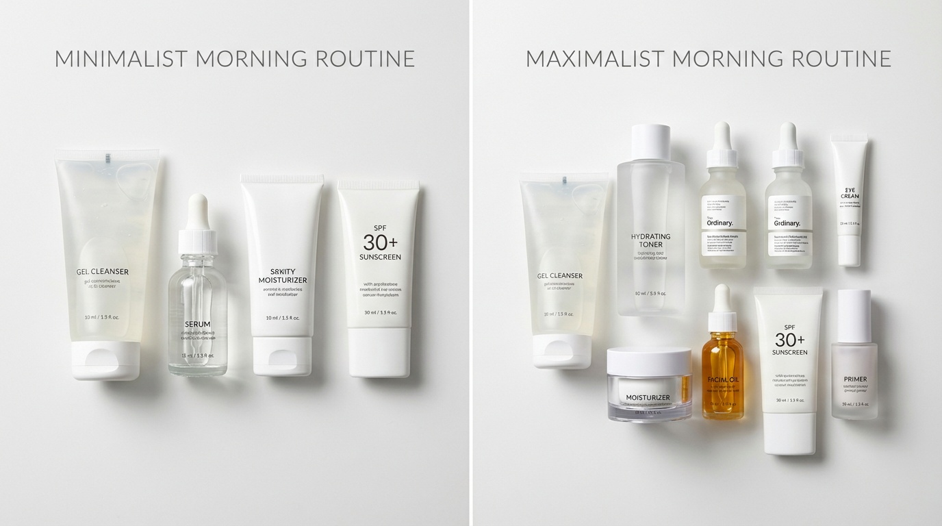 Side-by-side flatlay showing a simple 4-step morning routine versus a more detailed 9-step routine with additional skincare products.