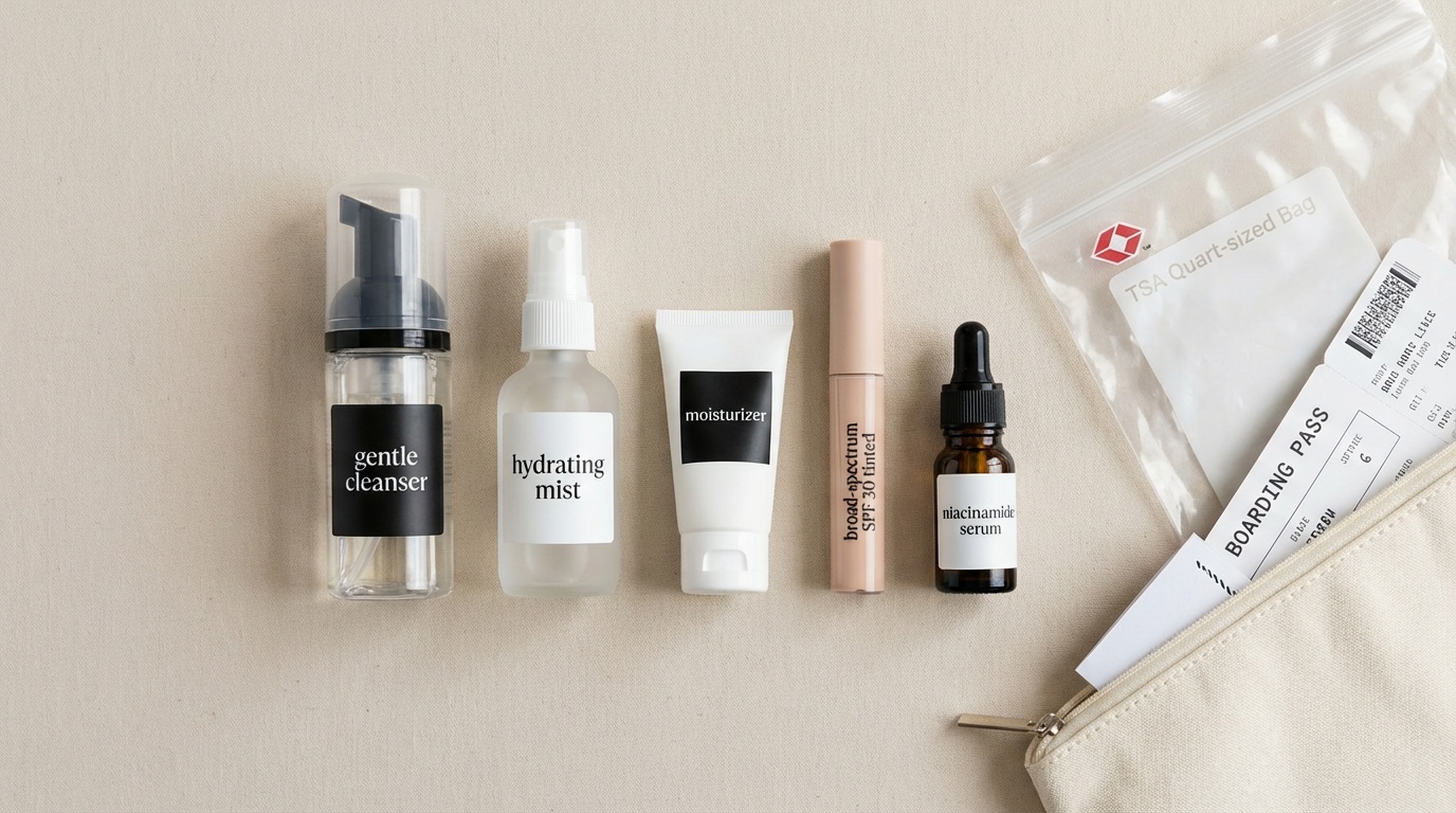 Travel-size skincare essentials including cleanser, hydrating mist, moisturizer, tinted SPF, and serum arranged beside a clear TSA bag.