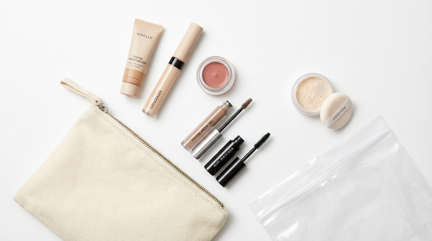 Compact neutral makeup items including tinted moisturizer, concealer, cream tint, brow gel, mini mascara, and powder laid out with a small travel pouch.