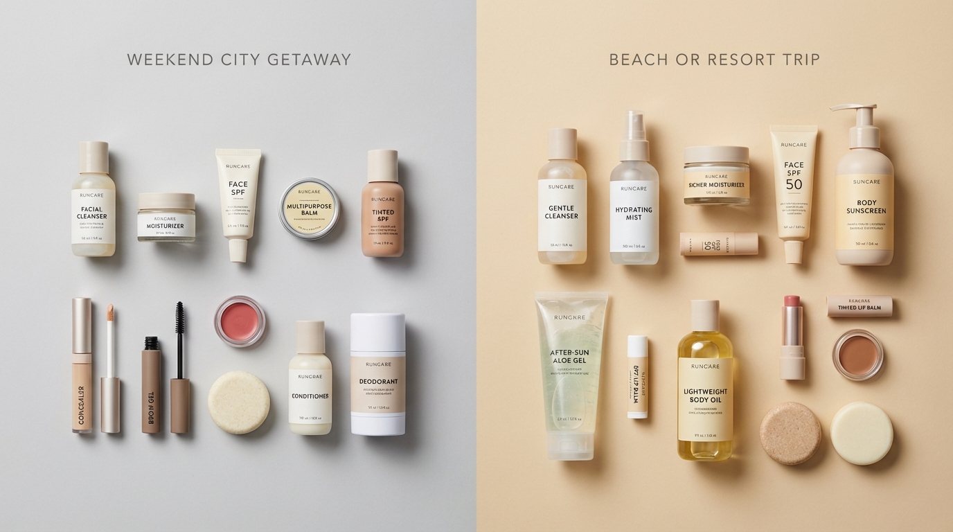 Two curated groups of travel beauty products showing a smaller city getaway kit and a more sun-focused beach trip kit side by side.