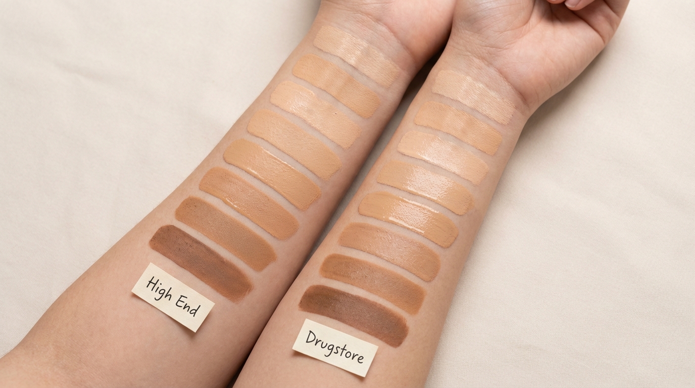 Side-by-side arm swatches showing high-end and drugstore foundation and concealer shades matched in tone and finish.