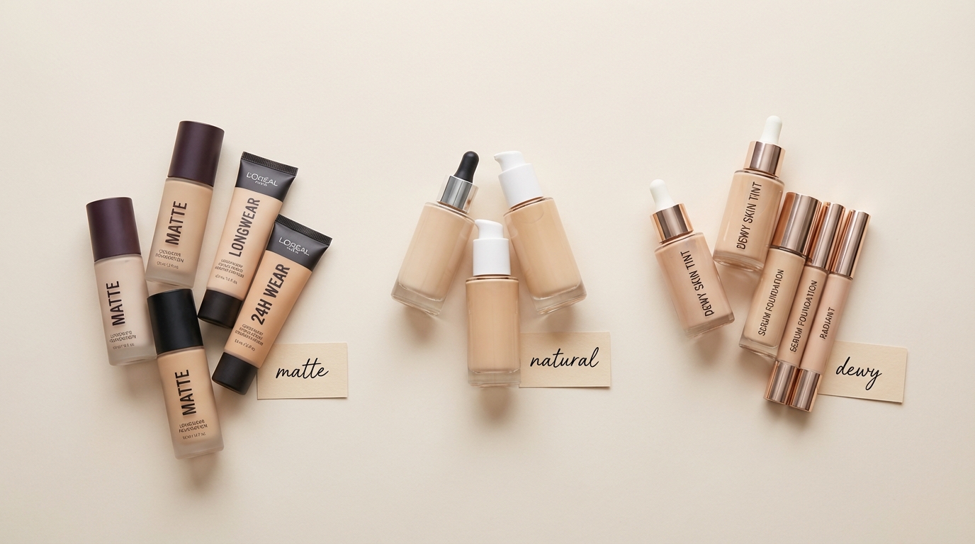 Flatlay of different foundation types grouped into matte, natural, and dewy finishes to illustrate how to choose a drugstore dupe.