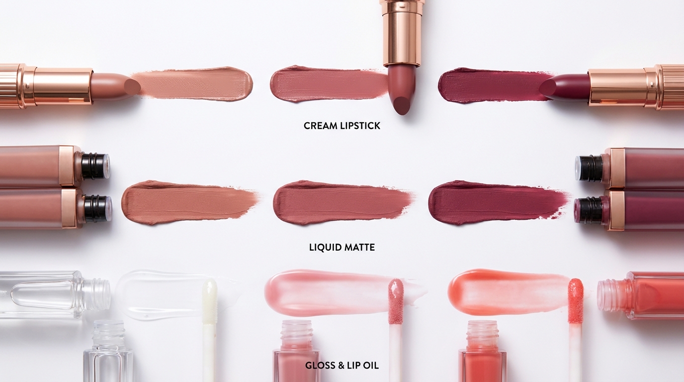 Flatlay of cream lipsticks, liquid mattes, and glosses swatched in coordinating shades to compare textures and finishes for drugstore dupes.