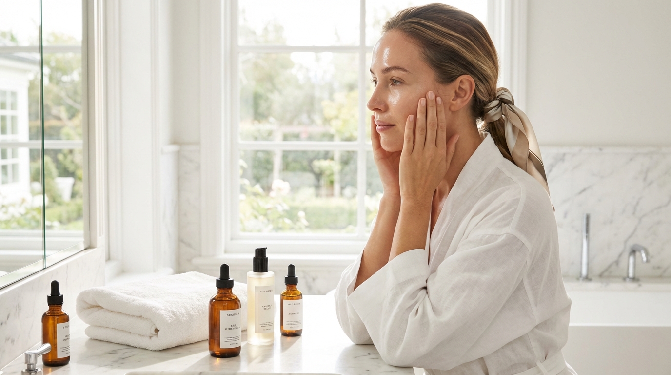 Beautiful woman with glowing skin pressing hydrating toner into her face at a bright, luxurious bathroom vanity.
