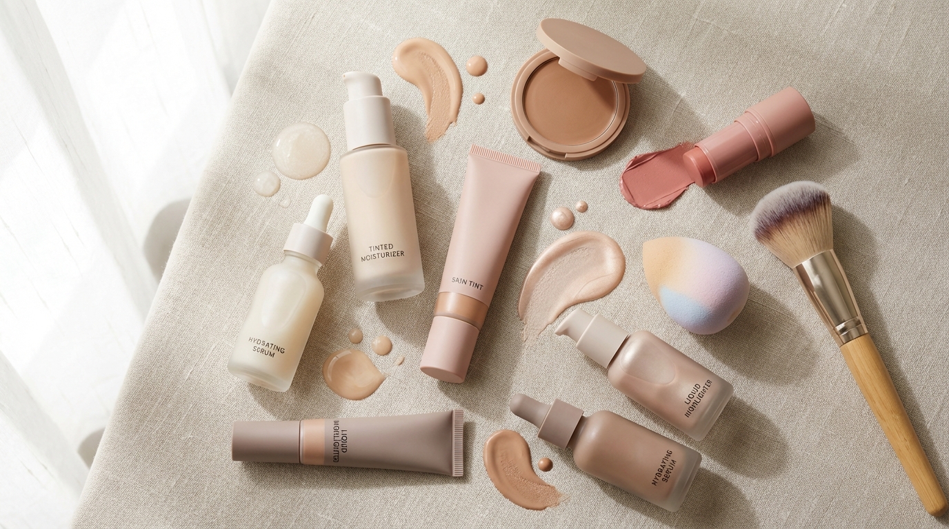 Flatlay of dewy skin makeup products including skin tint, cream blush, bronzer, and liquid highlighter with luminous texture swatches.