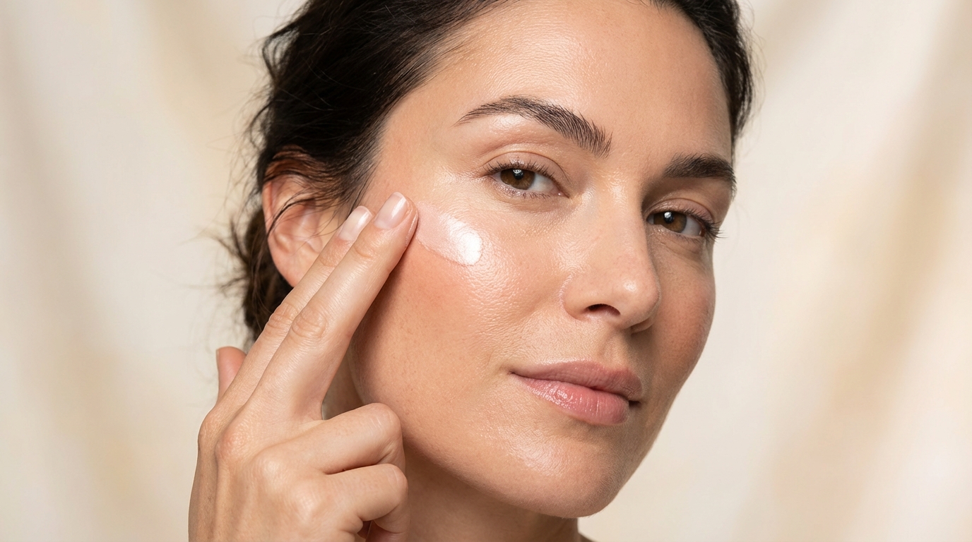 Close-up of a woman with dewy skin tapping liquid highlighter onto the high points of her cheekbones.