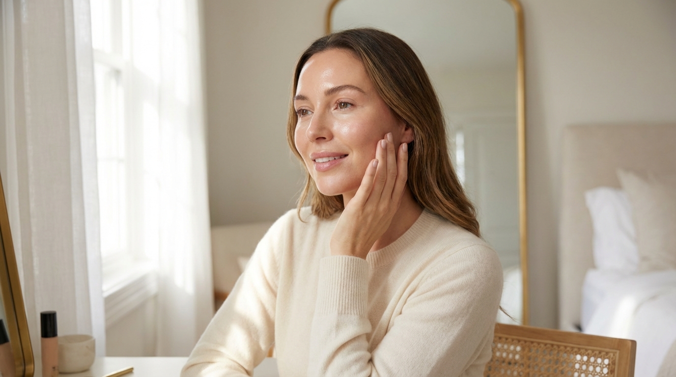 Beautiful woman with glowing skin touching her cheek and looking awake in soft morning light