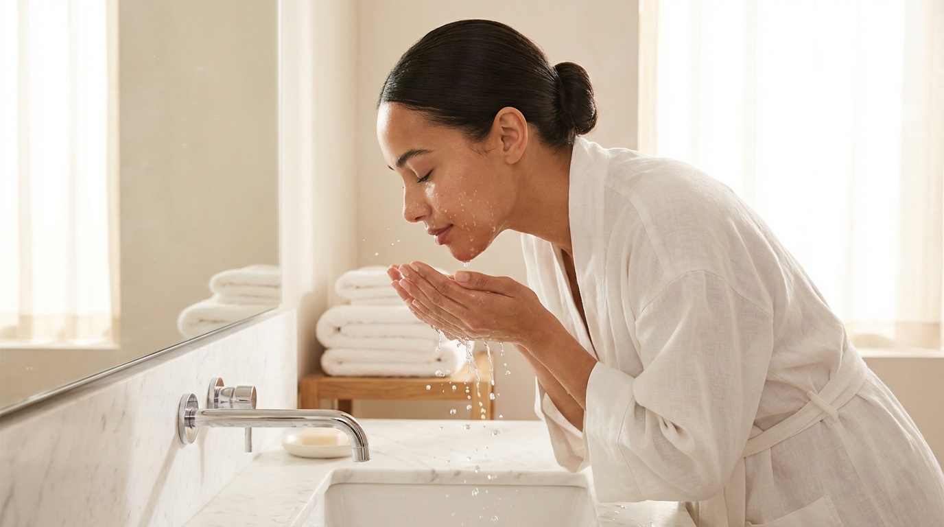 Woman with glowing skin splashing cool water on her face at a bright bathroom sink
