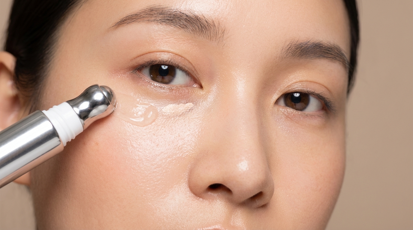 Close-up of woman applying cooling caffeine eye gel under her eye to brighten dark circles