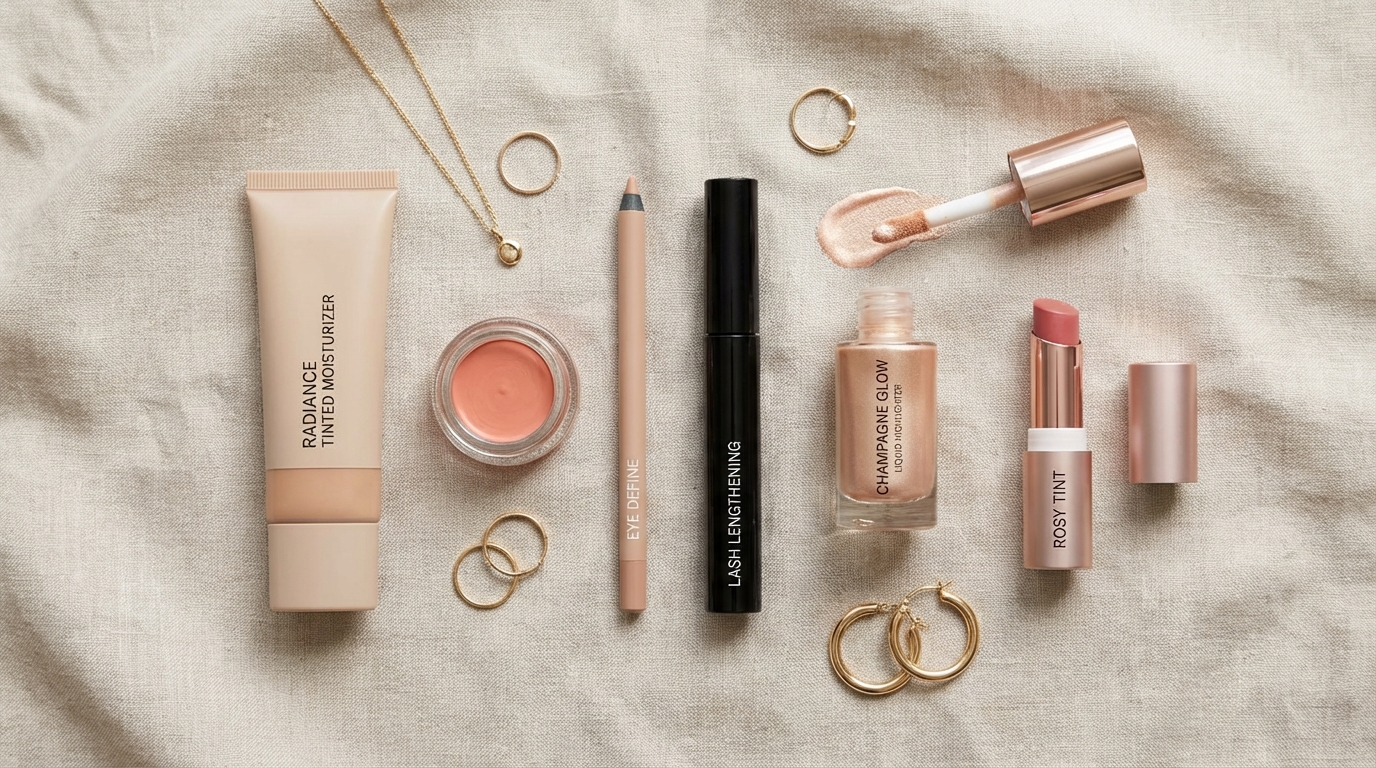 Flatlay of tinted moisturizer, cream blush, nude eyeliner, mascara, highlighter, and tinted lip balm for a fresh awake makeup look