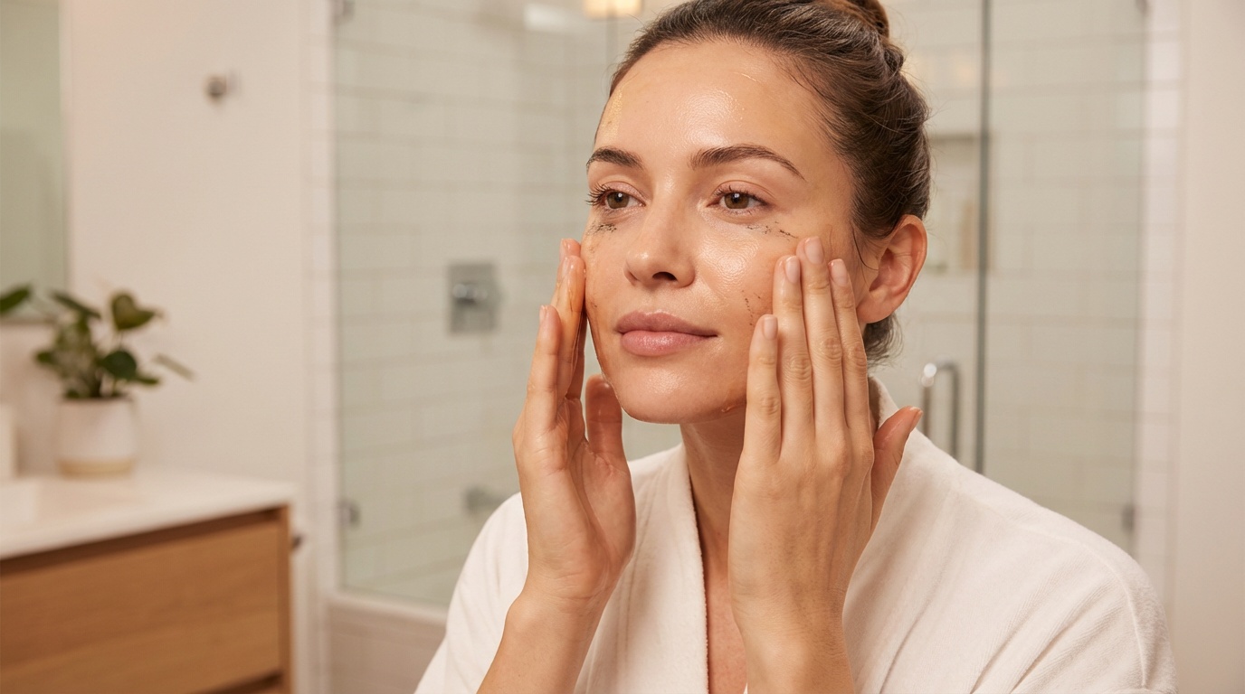 Close-up of a woman with perfect skin massaging oil cleanser onto her face to remove makeup in a modern bathroom.