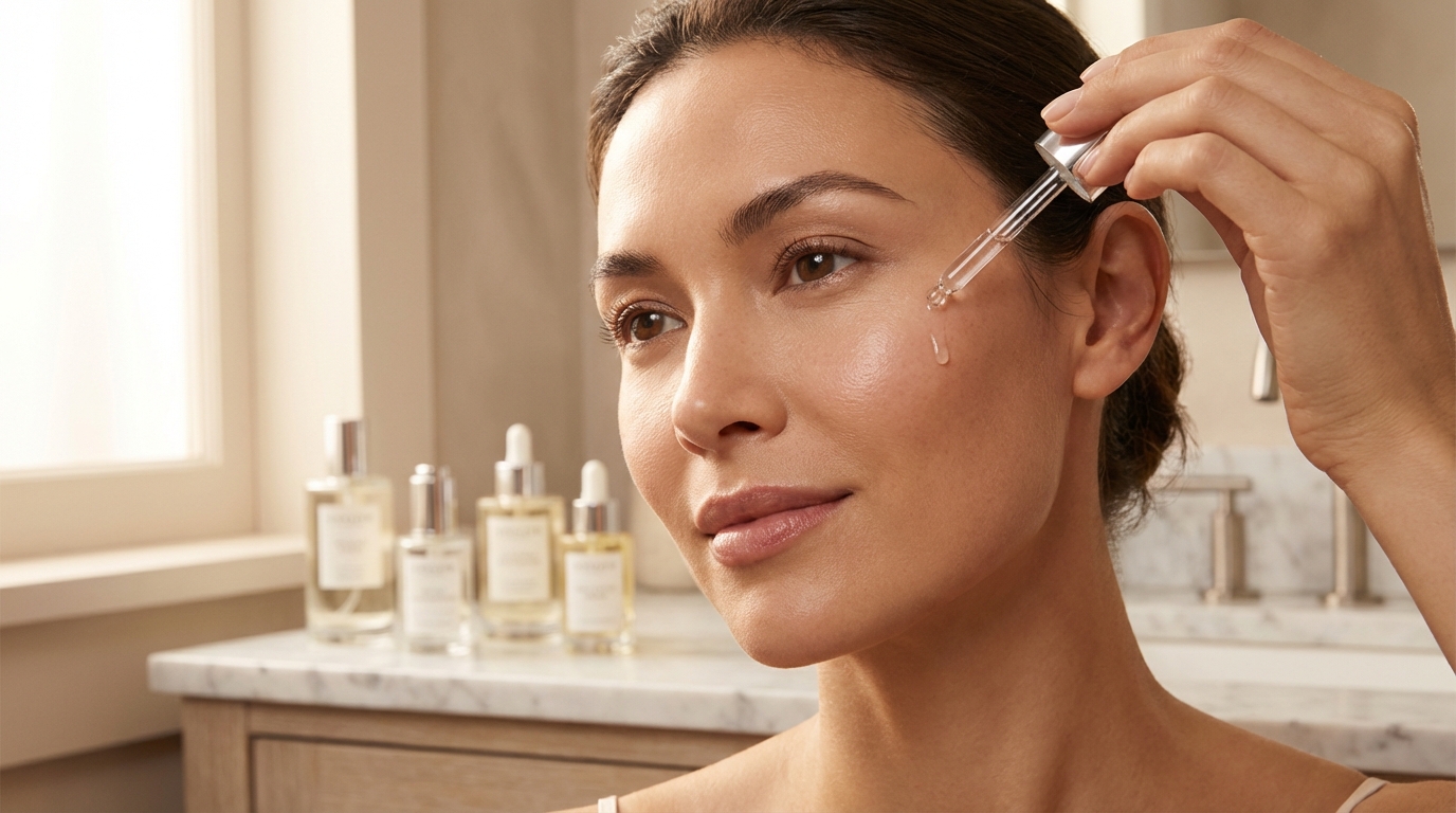 Woman with glowing skin applying serum from a dropper onto her cheek in a spa-like bathroom.