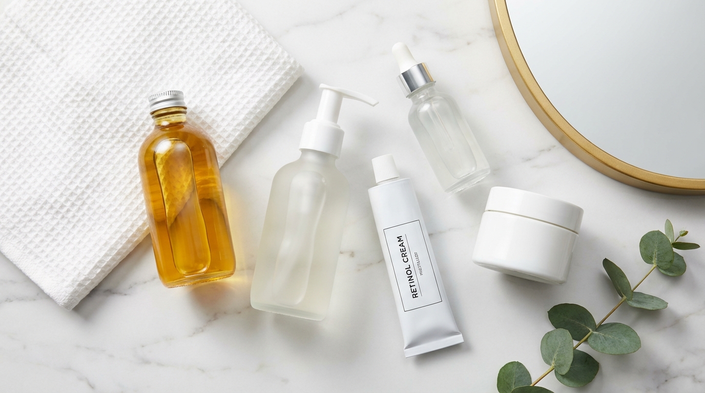 Flatlay of nighttime skincare products including cleansers, serum, retinol cream, and moisturizer on a marble vanity.