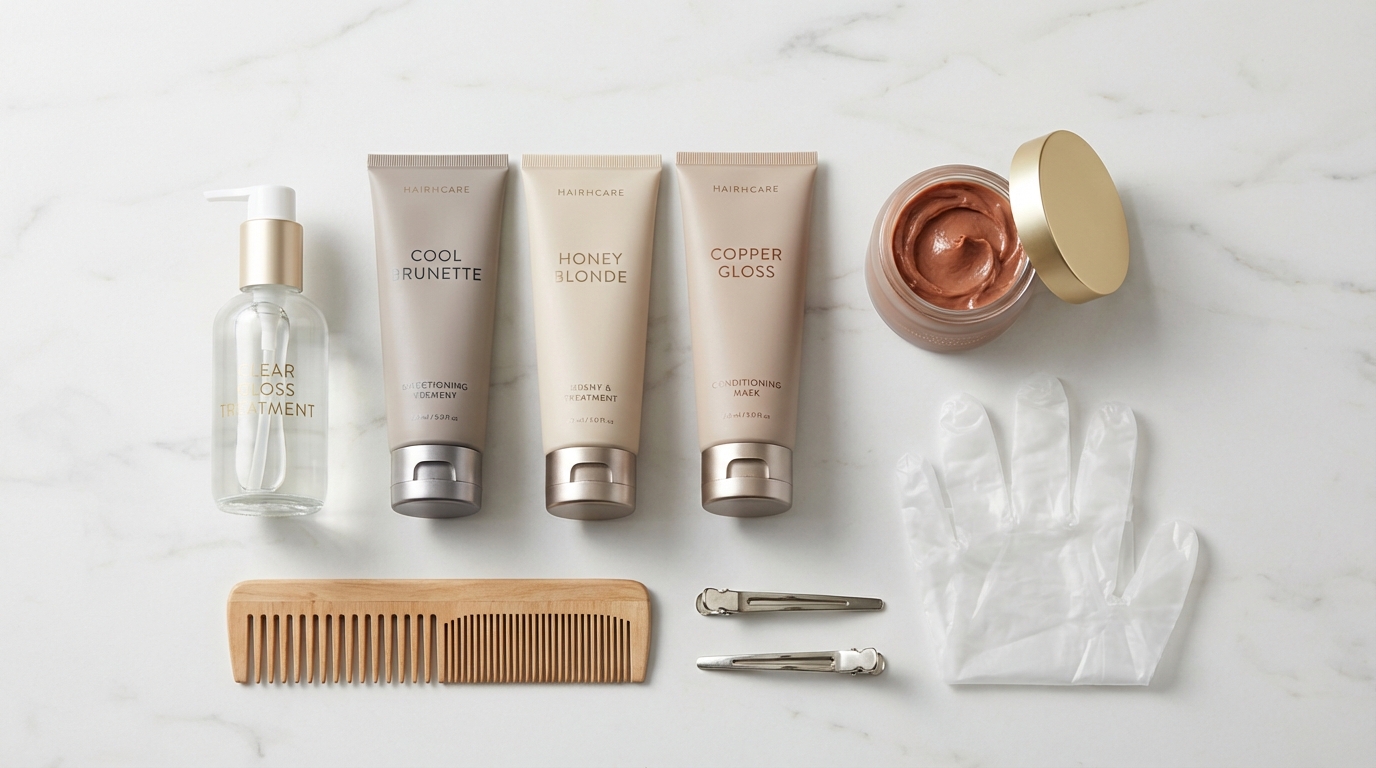 Flatlay of clear and tinted hair gloss products with comb, clips, and gloves on a marble surface