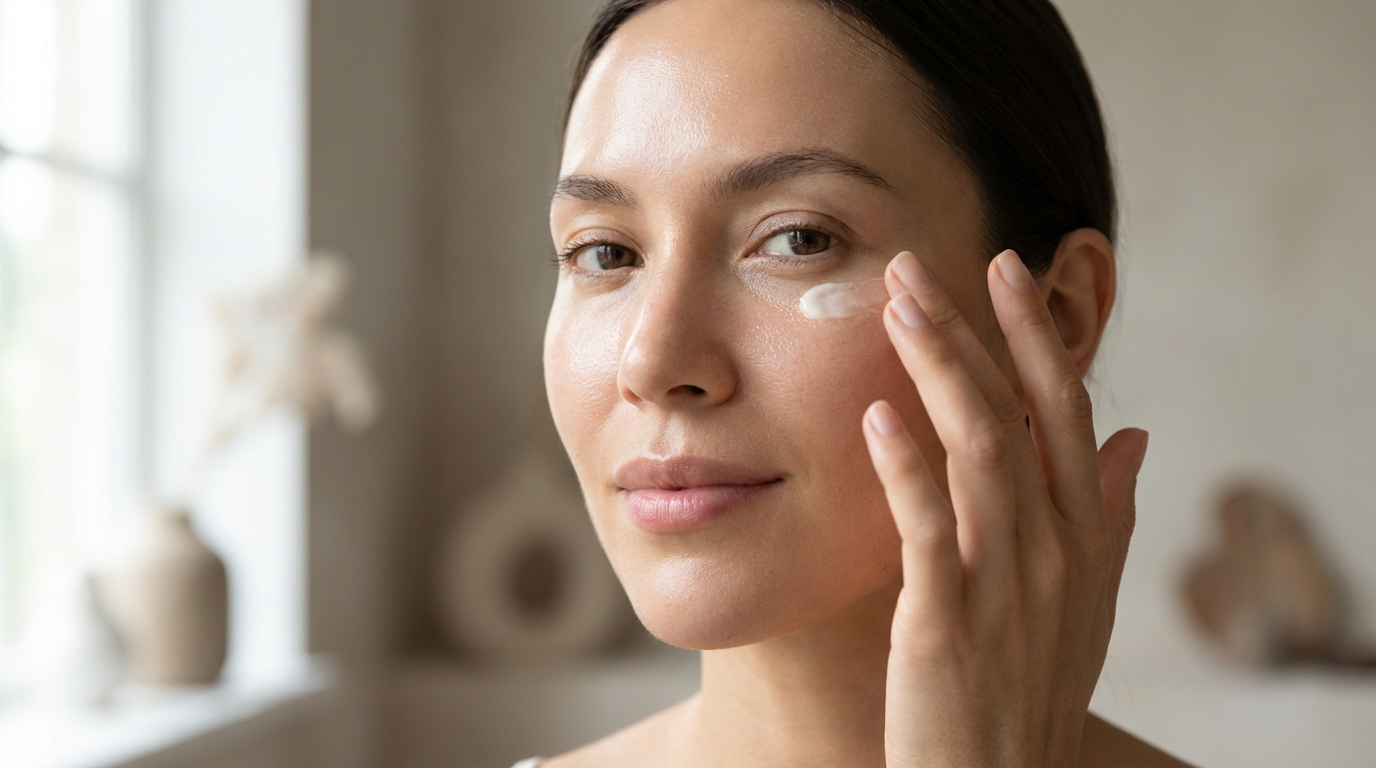 Close-up of a woman with flawless skin gently tapping eye cream under her eyes