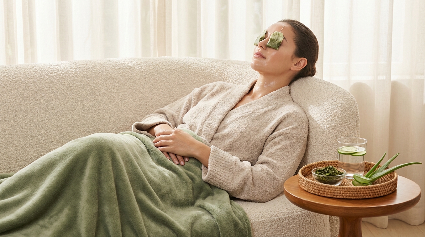 Woman with radiant skin relaxing with chilled green tea bags over her eyes in a spa-like home setting