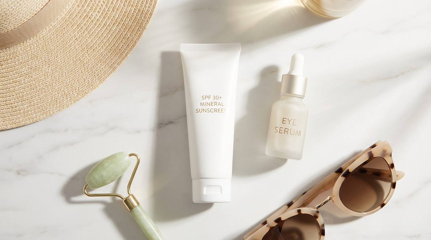 Flatlay of sunscreen, eye serum, jade roller, and sunglasses on white marble surface