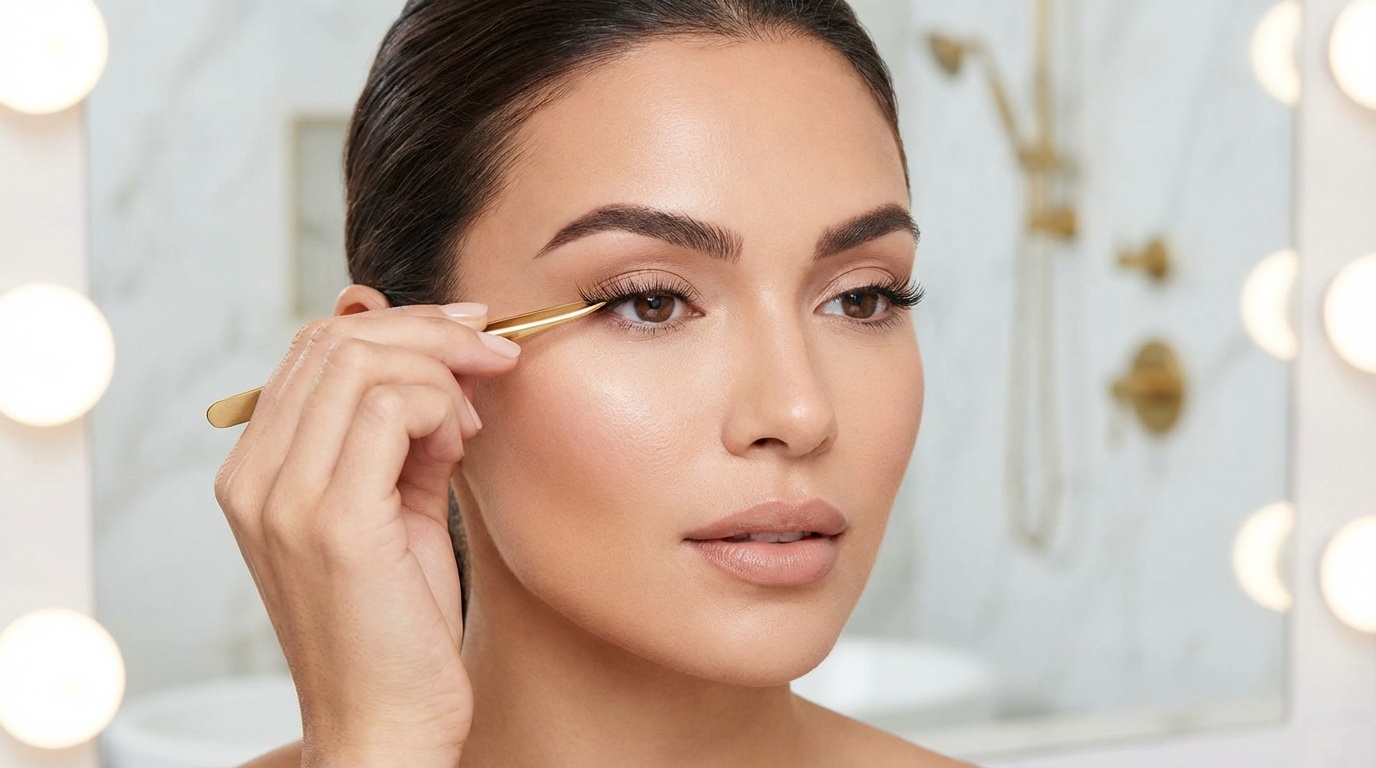 Close-up of a woman with glowing skin applying a strip of false lashes with tweezers in a luxurious bathroom