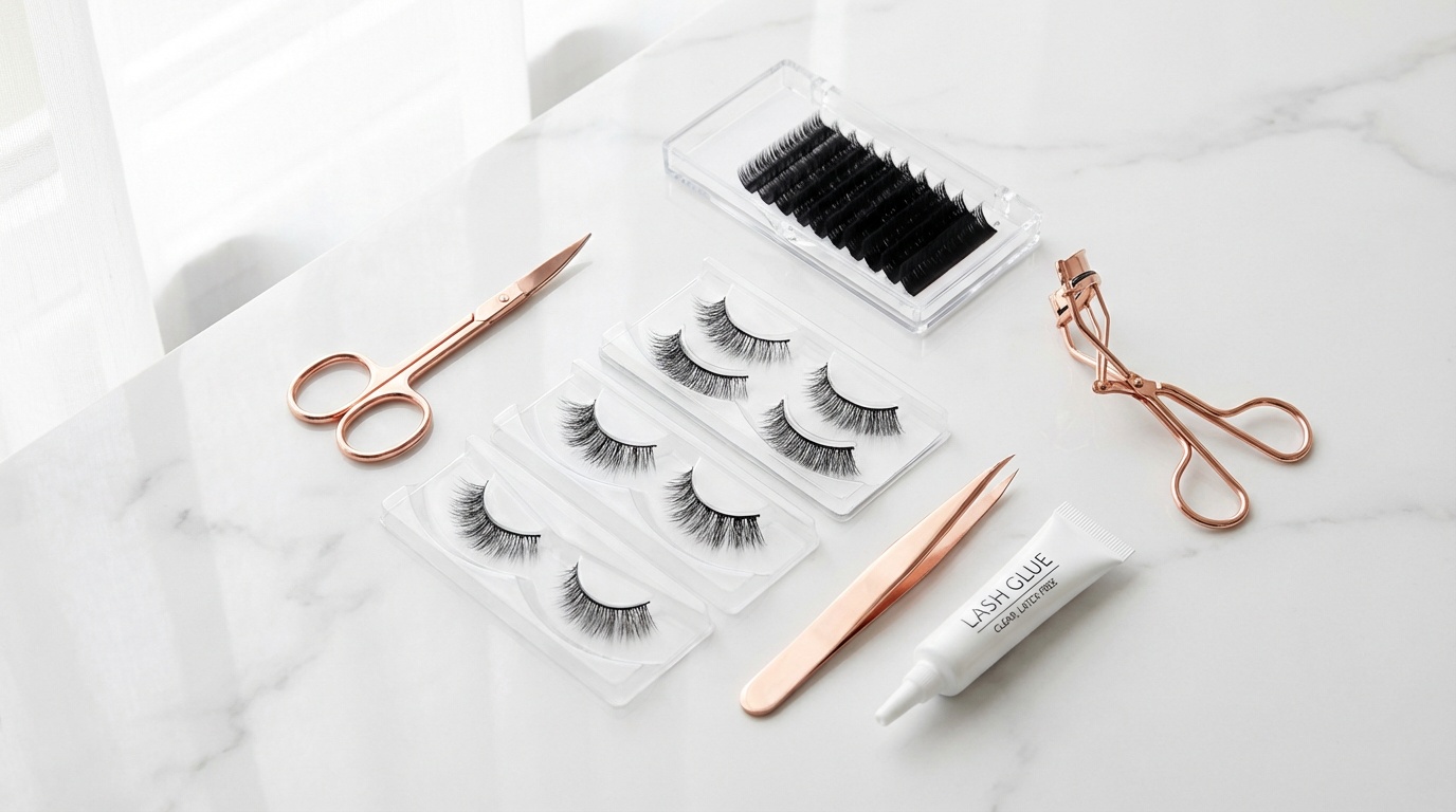 Flatlay of false lashes, scissors, tweezers, lash curler, and lash glue arranged neatly on a white marble surface