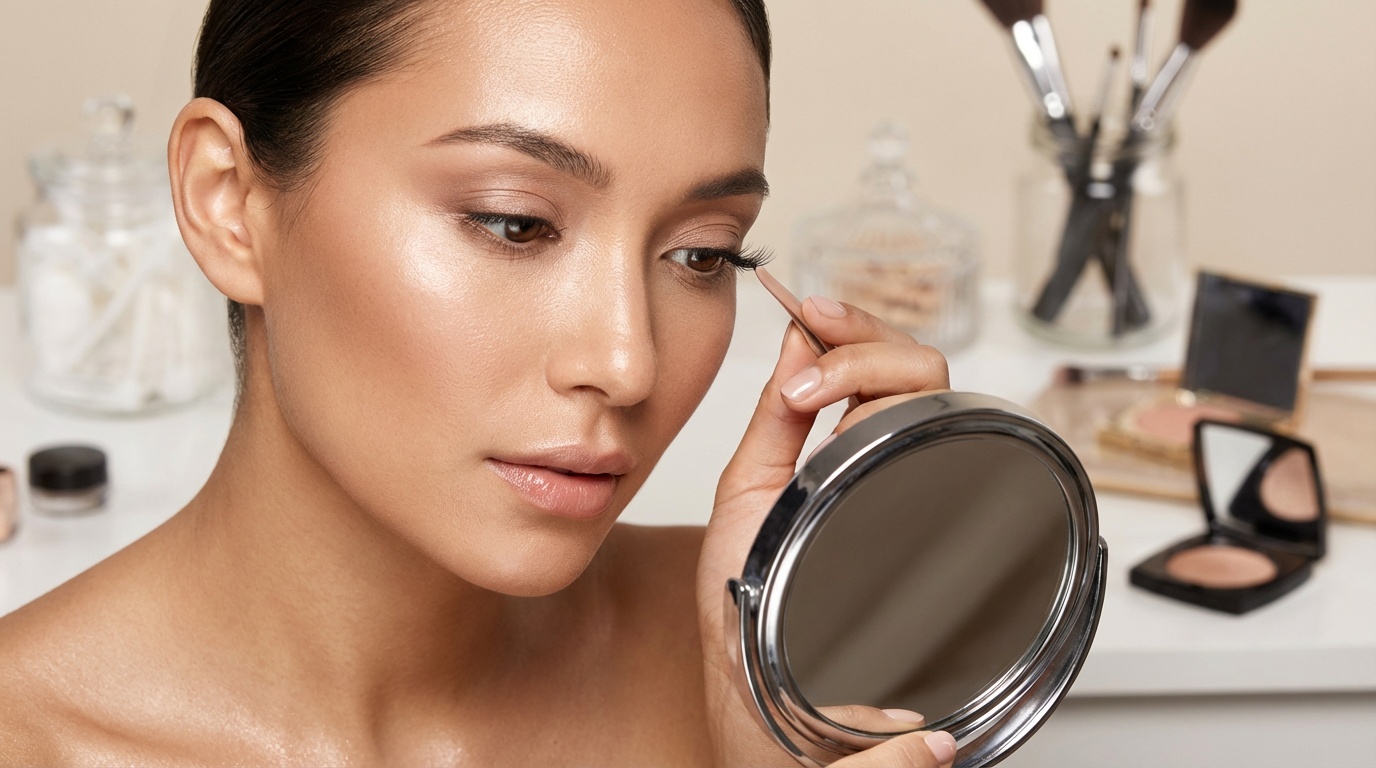 Woman with dewy skin placing a false lash strip at the center of her lash line while looking down into a mirror