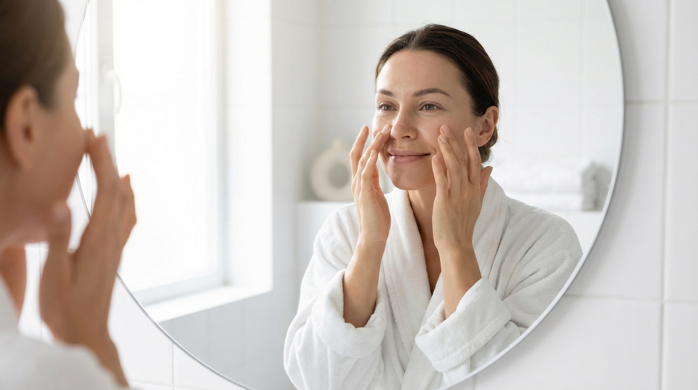 Beautiful woman with smooth, refined pores admiring her glowing skin in a bright bathroom mirror