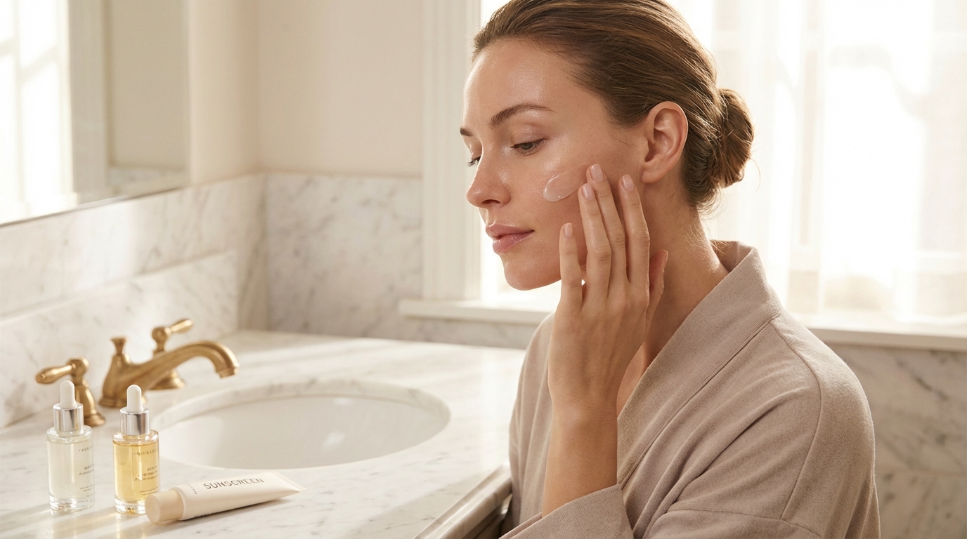 Woman with glowing skin applying moisturizer at a marble bathroom vanity with skincare products laid out