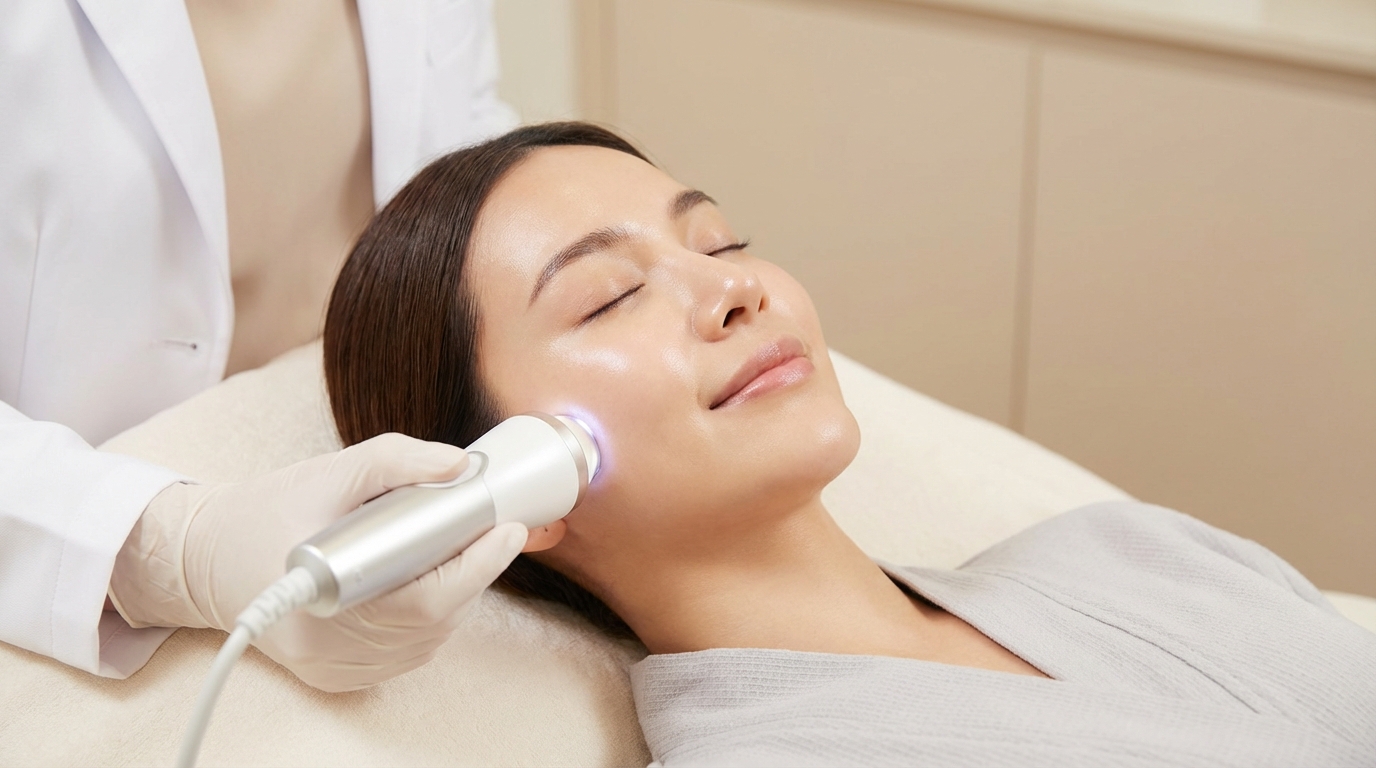 Woman with smooth, glowing skin receiving a professional facial treatment in a dermatologist’s office