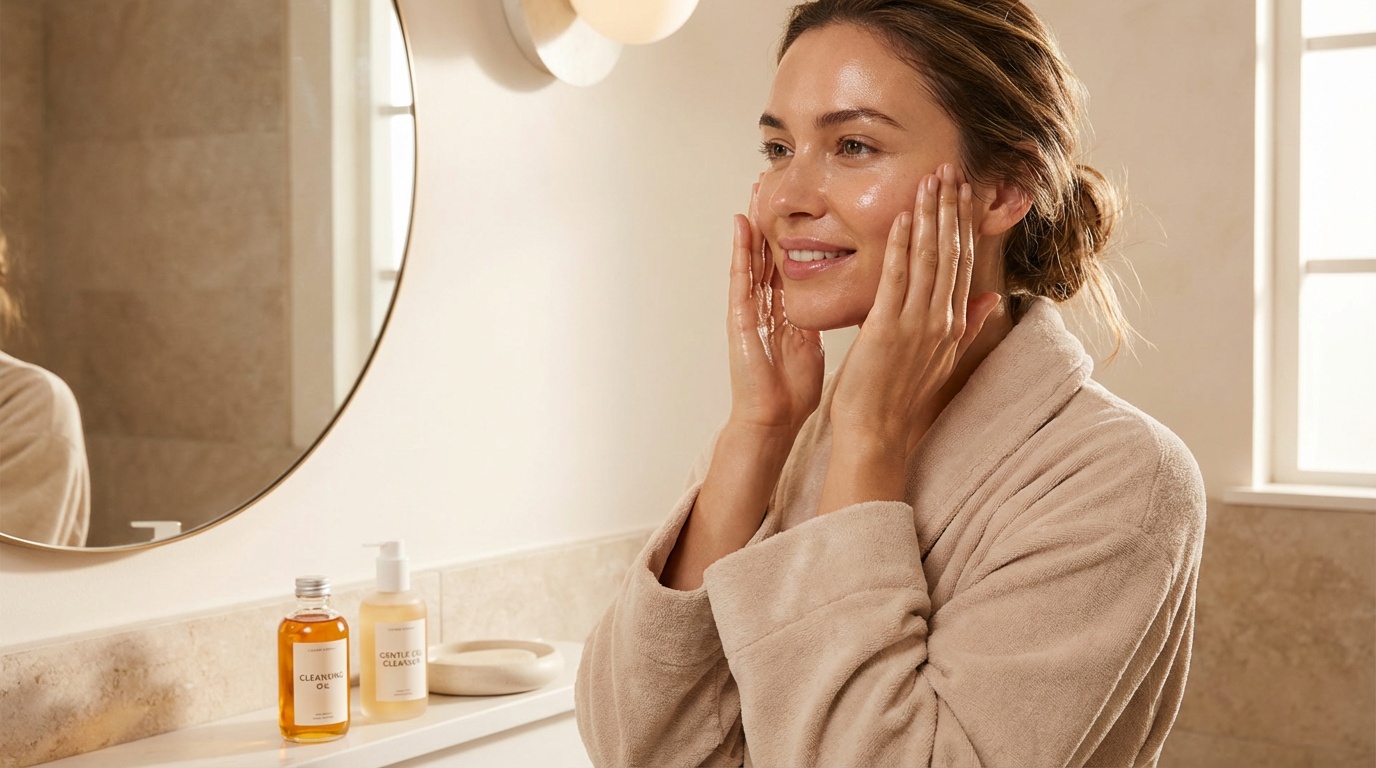 Woman with glowing skin massaging cleansing oil onto her dry face in a modern bathroom