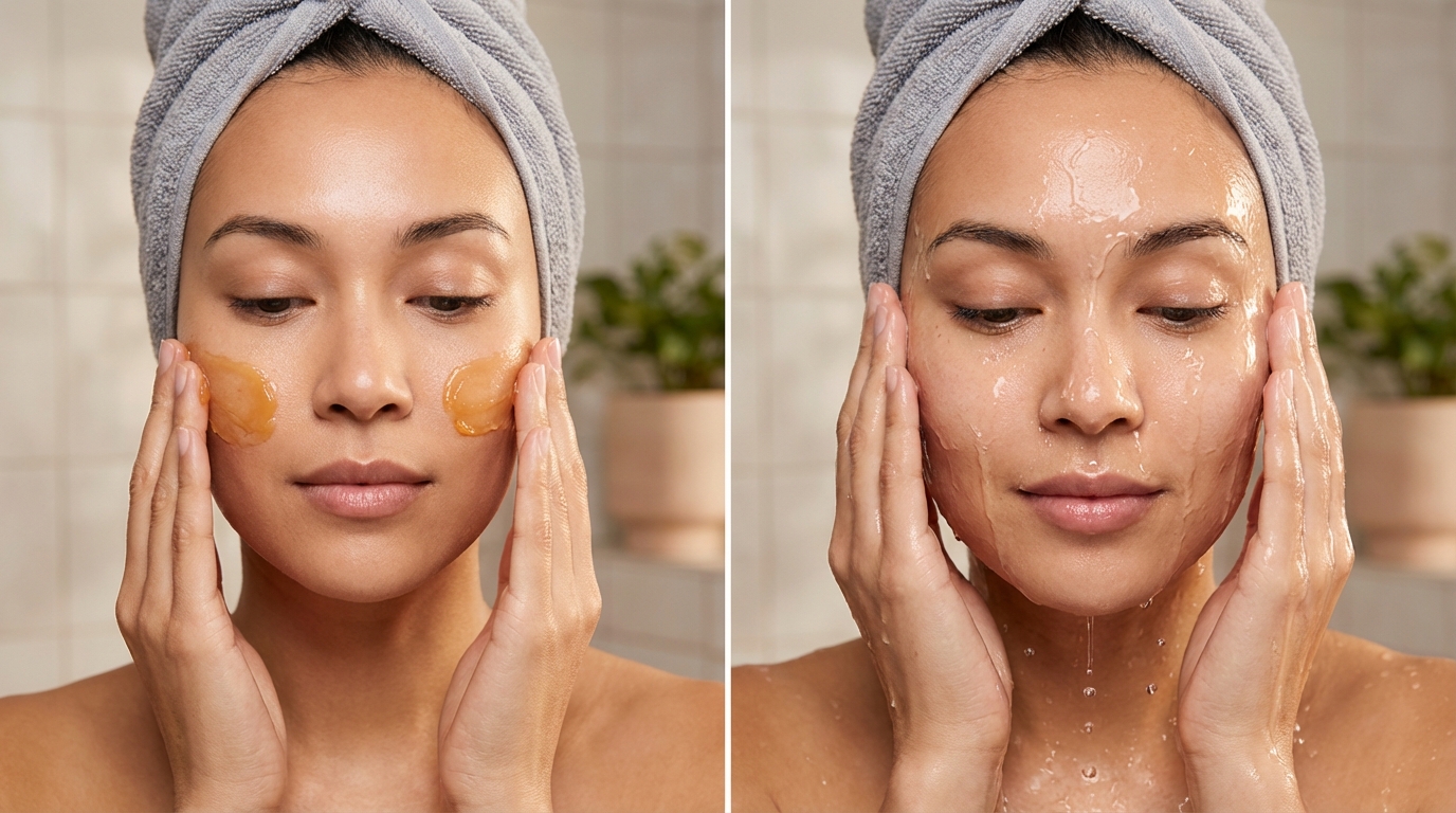 Side-by-side close-up of a woman showing step one oil cleanse and step two water-based cleanse