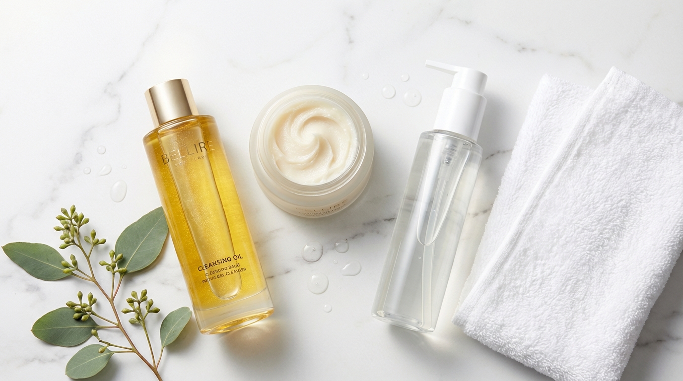 Flatlay of oil cleanser, cleansing balm, gel cleanser, and towel arranged on white marble