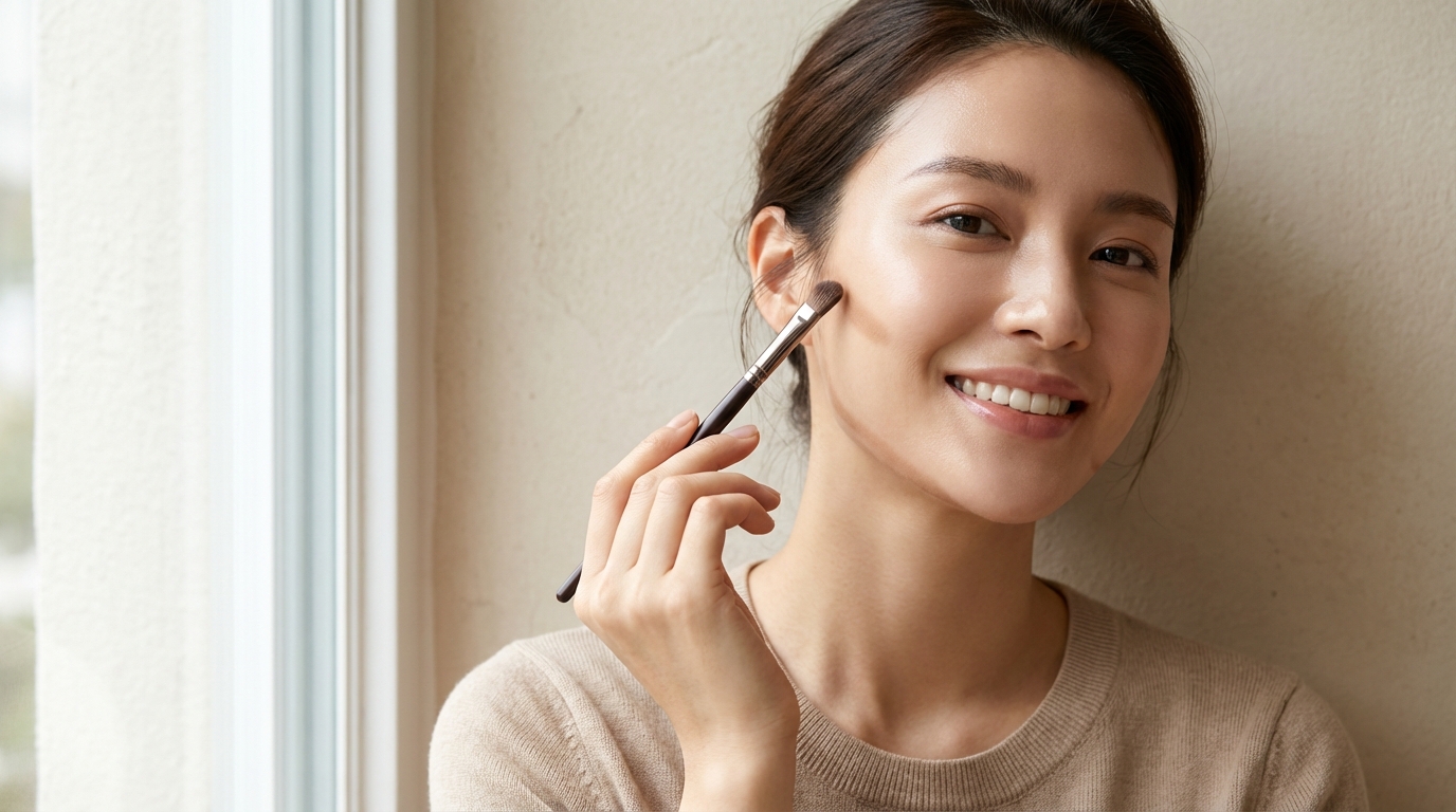 Woman with glowing skin showing natural-looking contour under cheekbones, jawline, and hairline