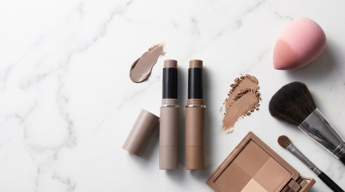 Flatlay of cream and powder contour products with brushes and sponge on a marble surface