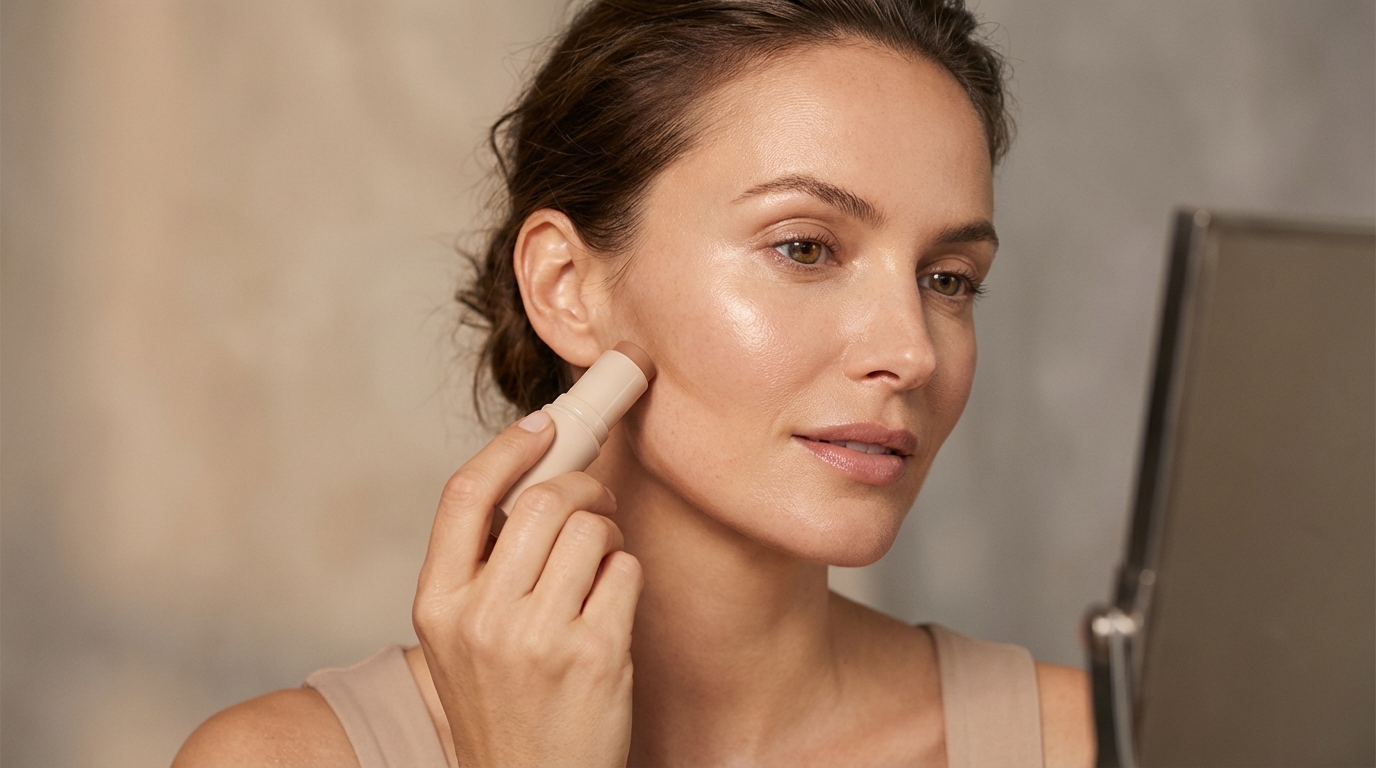 Close-up of woman applying cream contour under her cheekbone with a contour stick