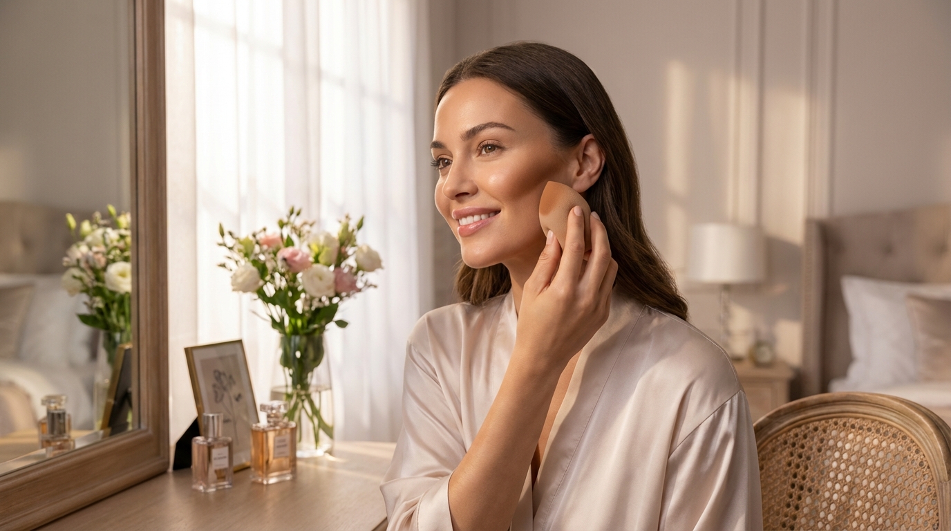 Woman blending her cheek contour with a sponge, showing smooth, natural-looking sculpted makeup