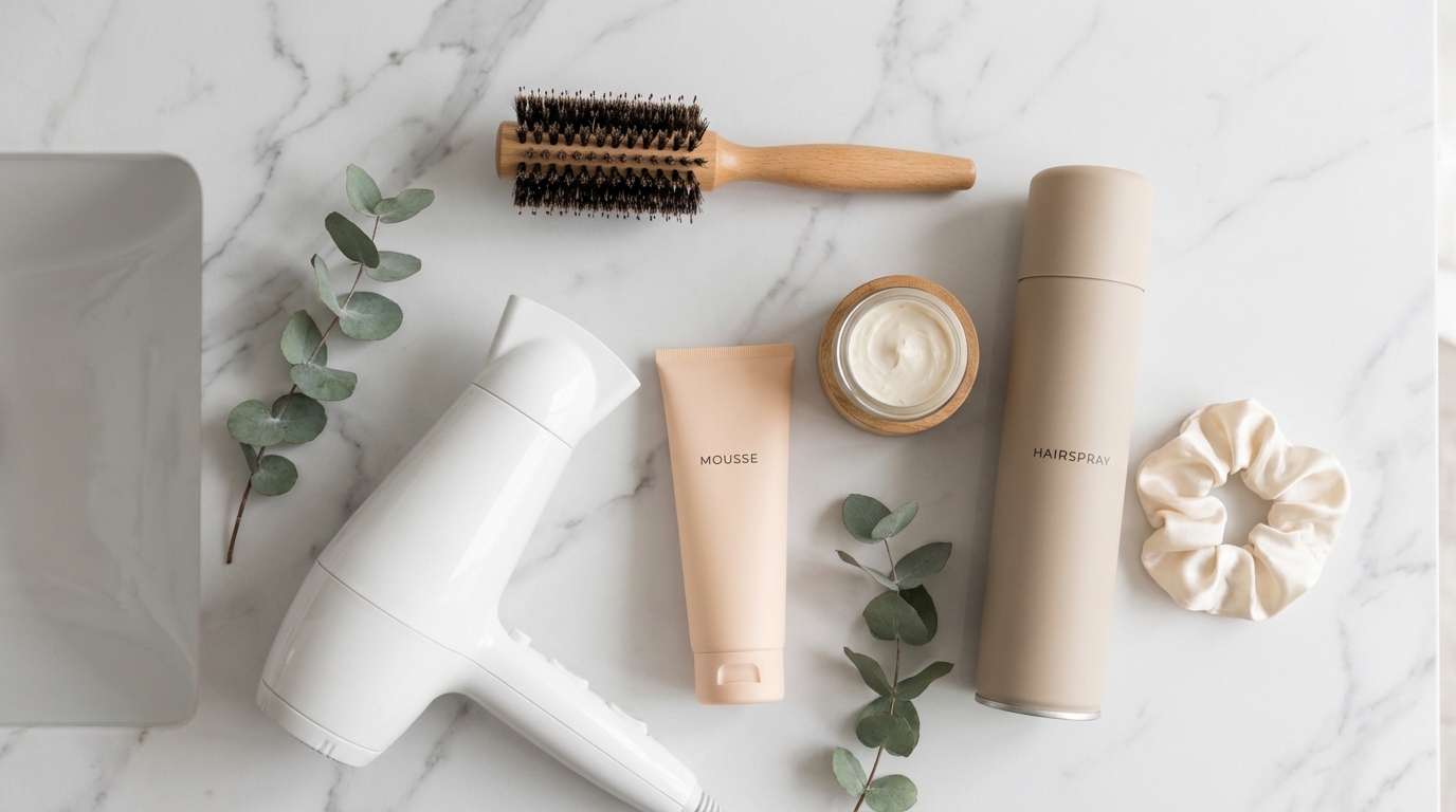 Flatlay of round brush, hair dryer, mousse, styling cream, and hairspray arranged on a white marble surface.