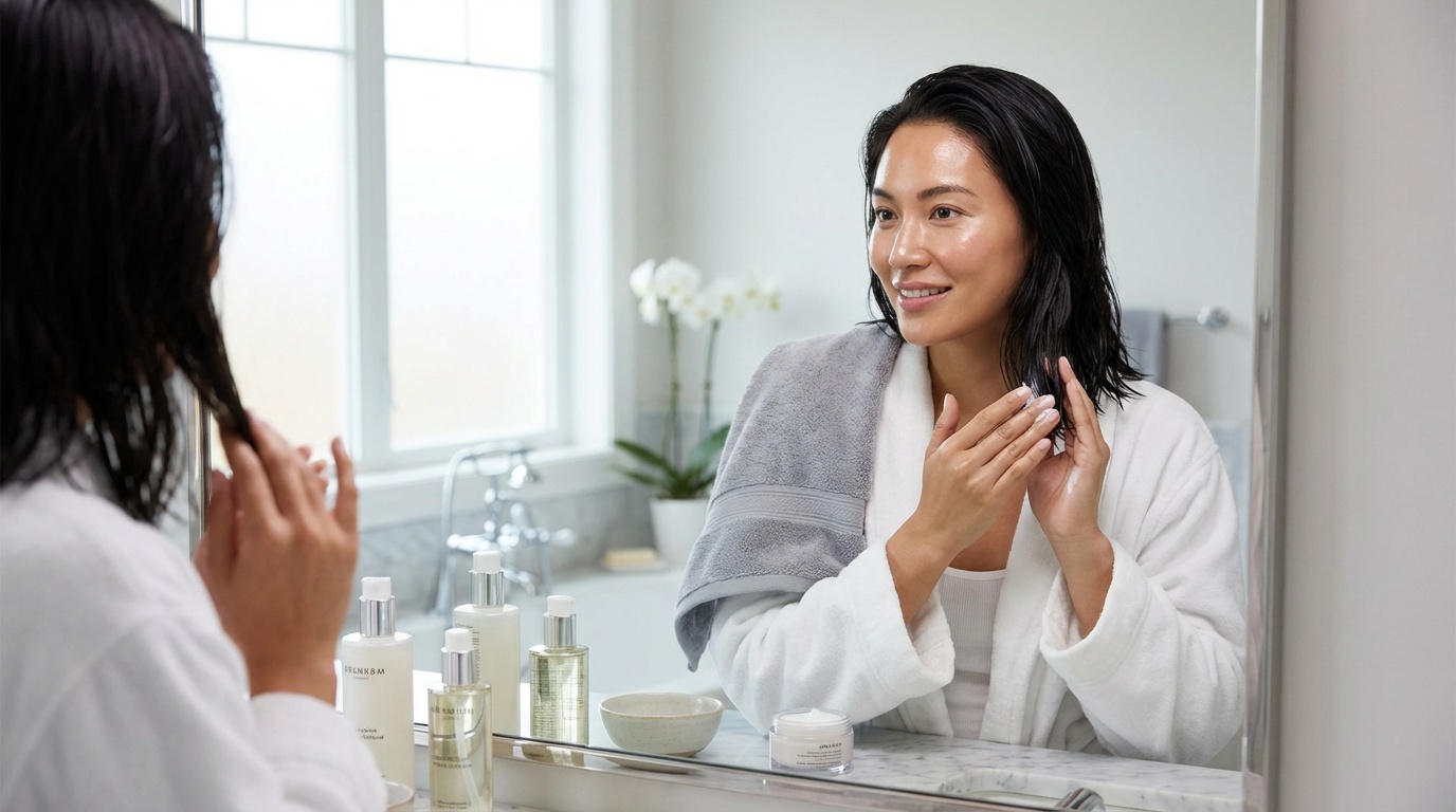 Woman with glowing skin applying hair mask to the ends of her damp hair in a bright modern bathroom.