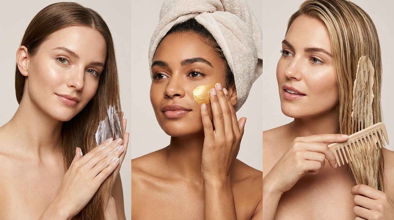 Three women with different hair types applying hair masks suited to their fine, curly, and color-treated hair.