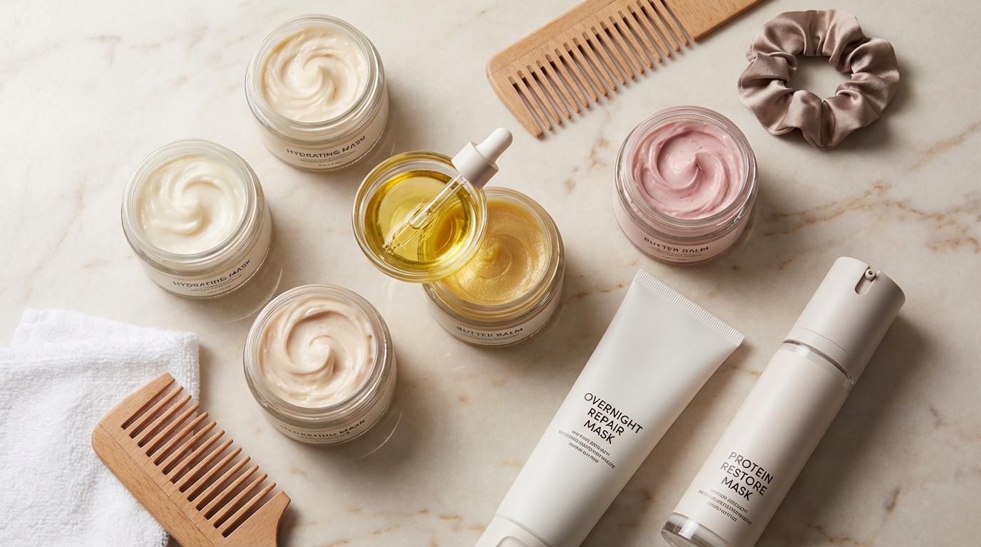 Flatlay of different hair mask products showing creamy, buttery, and oil textures on a marble surface.