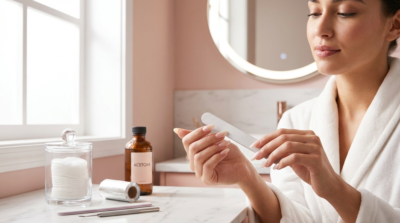Woman with glowing skin carefully filing the topcoat off her gel nails at a bright vanity with nail tools laid out.