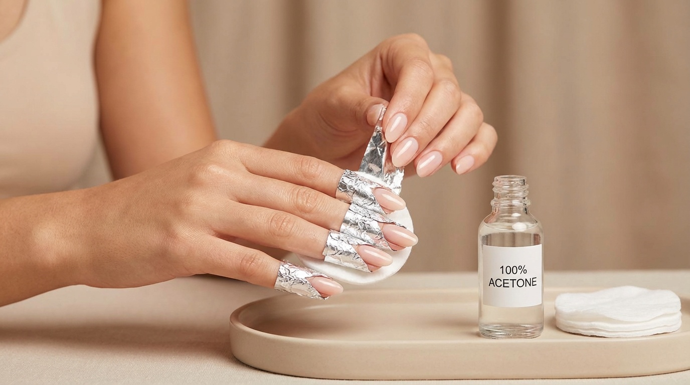 Close-up of hands wrapping gel-polished nails in acetone-soaked cotton and foil for safe removal.