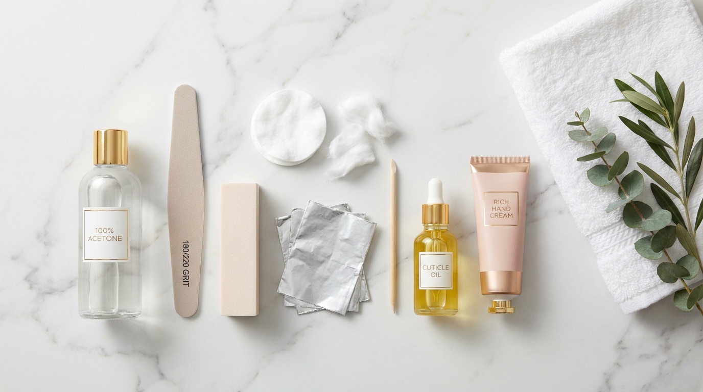 Flatlay of acetone, nail file, cotton, foil, cuticle oil, and hand cream arranged on a marble surface for gel nail removal.