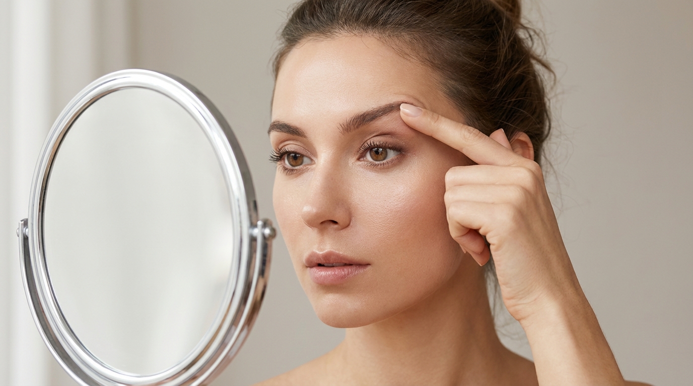 Close-up of a woman with hooded eyes demonstrating how her brow bone skin folds over her natural crease in soft daylight.