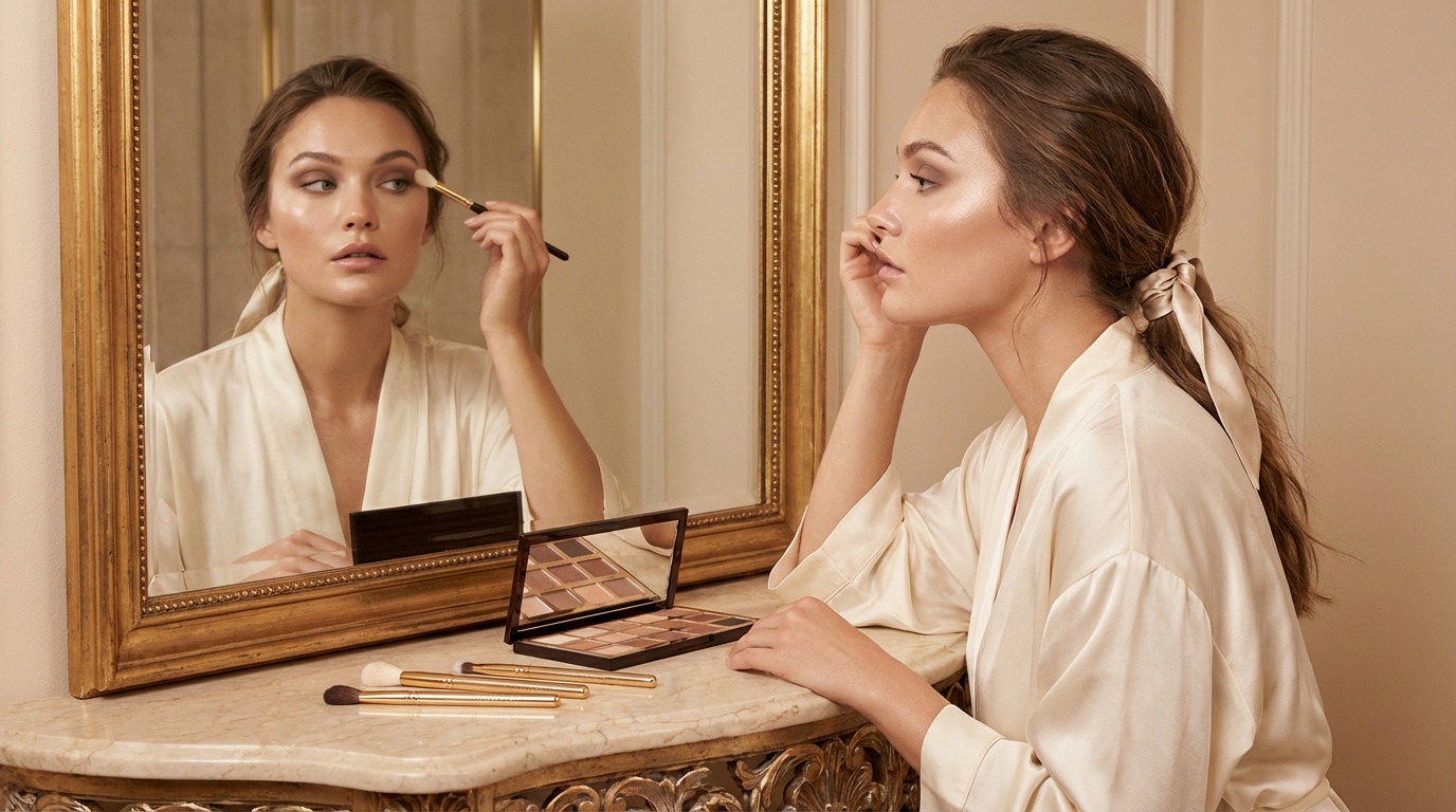 Woman with hooded eyes and glowing skin applying matte eyeshadow above her natural crease while looking into a mirror.
