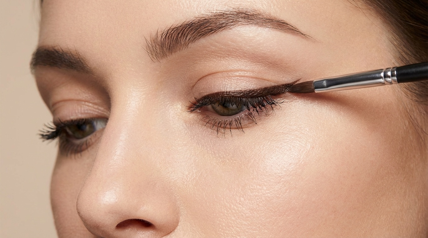 Close-up of a hooded eye with a woman applying a thin brown eyeliner focused on the outer third and a small lifted wing.