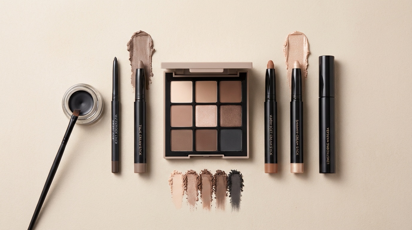 Flatlay of neutral-toned long-wear eyeshadows, gel and pencil eyeliners, and lengthening mascara suitable for hooded eyes.