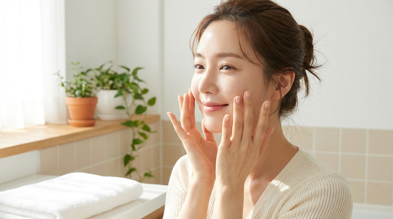 Beautiful woman with glowing skin applying toner to her face in a bright, minimal bathroom.