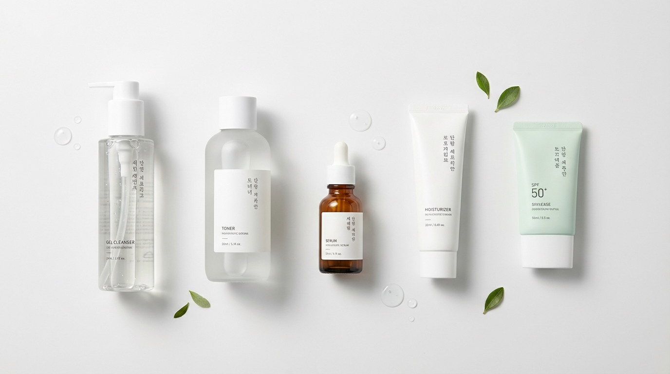 Flatlay of five minimalist Korean skincare products representing cleanser, toner, serum, moisturizer, and sunscreen.
