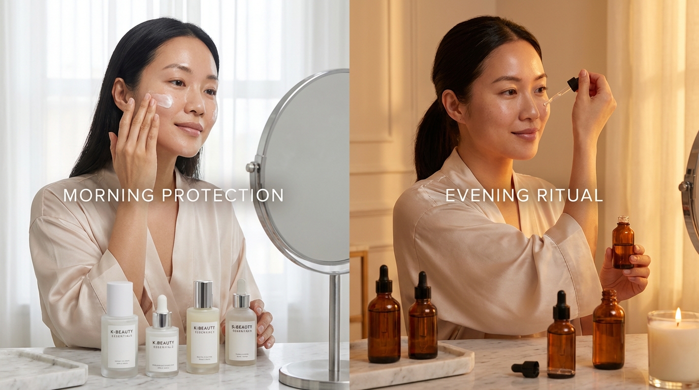 Beautiful woman with glowing skin at a bathroom vanity applying sunscreen in the morning and serum at night.